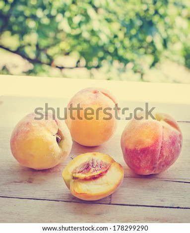 Peaches spilling out of a basket/ Ripe sweet peaches on wooden table