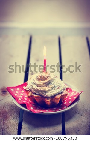 Holidays background with Birthday cupcake/ Birthday greeting card with cupcake and candle