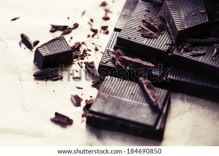 Chocolate pieces. Chopped dark chocolate closeup