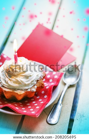 Holidays background with birthday cupcake/ Birthday greeting card with cupcake and candle