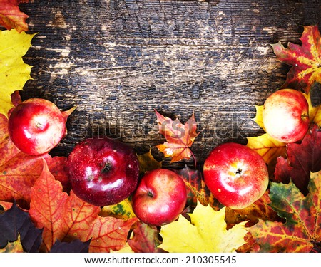Vintage Autumn border from apples and fallen leaves on old wooden table/ Thanksgiving day concept/background with apples