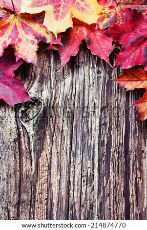 Vintage Autumn border from  leaves on old wooden table/ Thanksgiving day concept