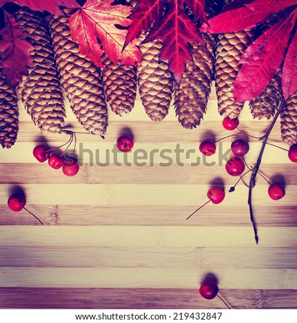 Autumn background/Autumn leaves and berries over wooden background/ Thanksgiving day concept