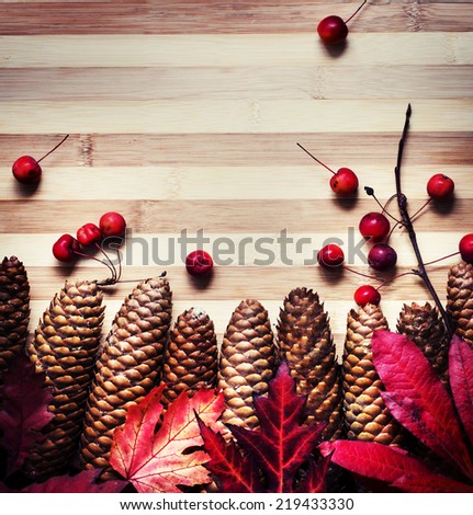 Autumn background/Autumn leaves and berries over wooden background/ Thanksgiving day concept