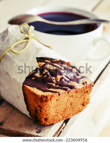 Beautiful cookie and bakery cake with cup of coffee or tea
