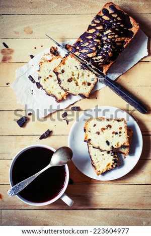 Beautiful cookie and bakery cake with cup of coffee or tea