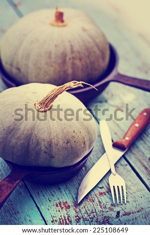 Autumn nature concept. Fall punpkins  on wooden rustic table. Thanksgiving dinner
