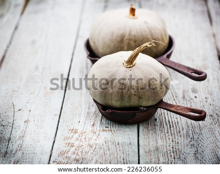 Autumn nature concept. Fall pumpkins on wooden rustic table. Thanksgiving dinner