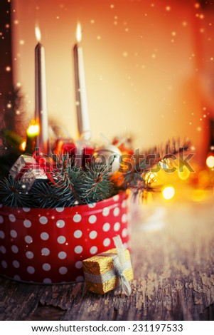 Christmas Card with Fir Tree,Gifts, Candles / Christmas composition with candles with christmas decorations / selective focus