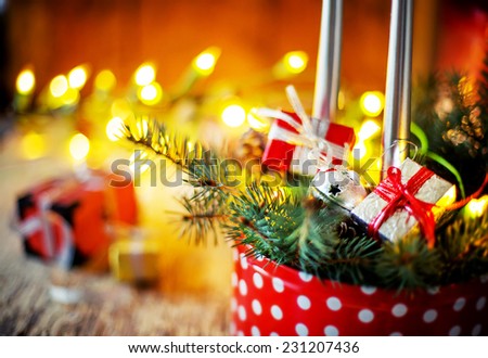 Christmas Card with Fir Tree,Gifts, Candles / Christmas composition with candles with christmas decorations / selective focus