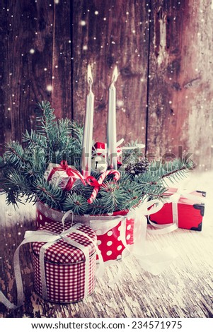 Christmas Card with Fir Tree,Gifts, Candles / Christmas composition with candles with christmas decorations /selective focus