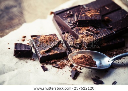 dark chocolate over wooden background