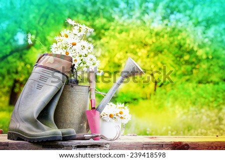 Outdoor gardening tools and flowers/ Spring Gardening tools and a straw hat on beautiful garden background