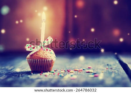 Cupcake with bow and candle - happy birthday card/ Holidays greeting card