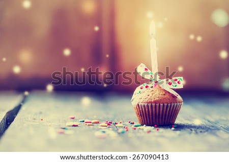 Cupcake with bow and candle - happy birthday card/ Holidays greeting card