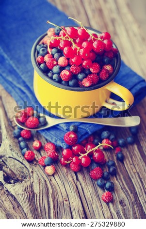Berries on Wooden Background. Summer or Autumn Organic Berry over Wood. Agriculture, Gardening, Harvest Concept