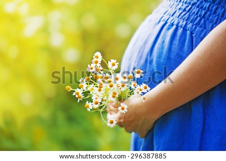 Closeup of pregnant woman, wearing blue dress, holding in hands bouquet of daisy flowers outdoors, new life concept