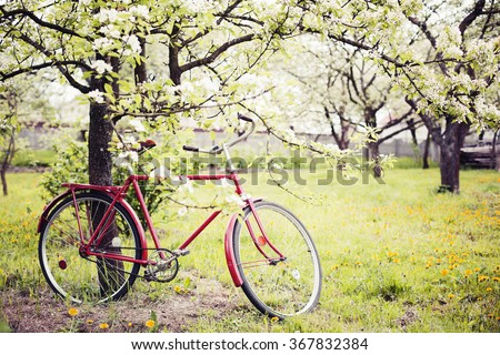Vintage bicycle waiting near tree against spring nature background
