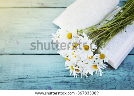 Vintage book with bouquet of daisy flowers against nature background/ summer garden background