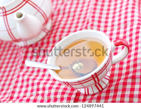 A cup of tea and a teapot on a red checked cloth