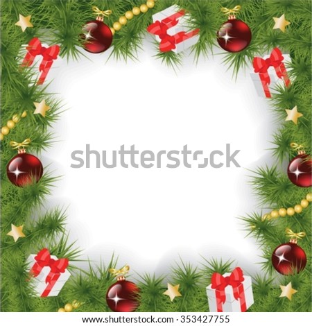 Square Christmas Background With Fir Branches, Decorations And Gifts