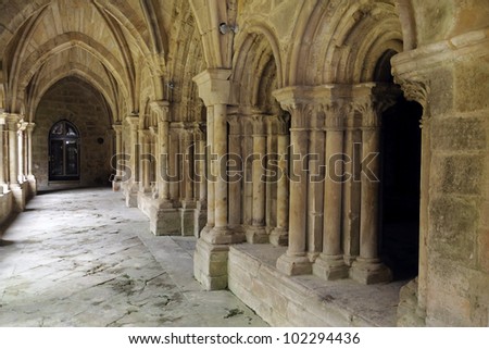 Cloister of the Santa MariÃ?Â­a la Real Monastery in Aguilar de Campoo, Spain. The monastery dates from the XI century and after being nearly destroyed was completely restored in the XX century.