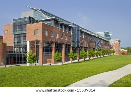 Wide-angle view of a modern university lab building