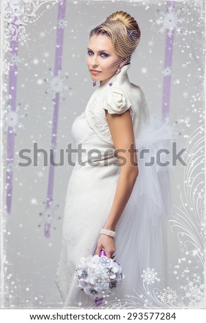 Portrait of beautiful young woman in long warm gown for winter wedding with purple flower bouquet. Over snowy background