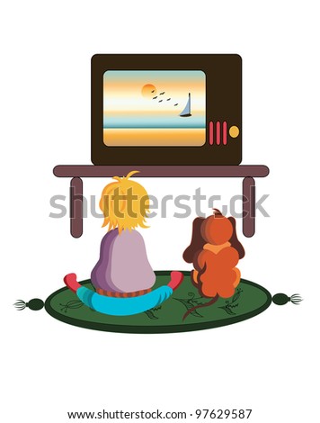 Illustration of a boy watching TV with his dog