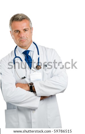 stock photo Mature doctor standing and leaning isolated on white 