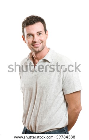 Smiling young casual man looking at camera with confidence, isolated on white background