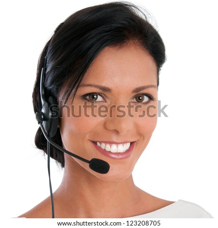 Smiling call center young woman ready for support and contact, isolated on white background