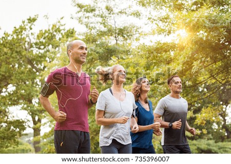 Runners team on morning training together. Group of mature athletes running outside in the park. Group of senior healthy people running outdoor and doing fitness exercises in summer.