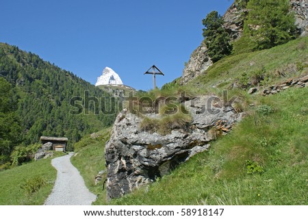 The beginning of a hike from the swiss town of Zermatt in the alps and Matterhorn in the background