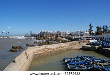 View of the walled coast city of Essaouira, a port on the Moroccan Atlantic coast, and white buildings