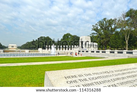 View to The National WWII Memorial in Washington D.C. with Lincoln Memorial in the background