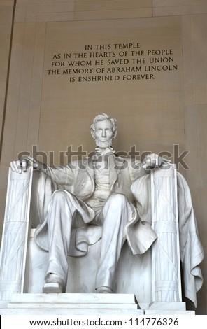 The statue of Abraham Lincoln inside Lincoln Memorial in Washington DC