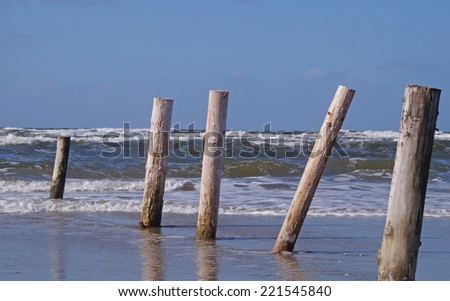 Wooden poles seen from a beach om the Island of Romo in the Wadden Sea
