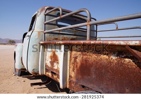 Abandoned old wreck of a car in the desert outside the tiny settlement of Solitaire in Namibia seen the 10th of may 2015