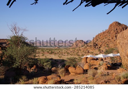 View  from a safari lodge to the dramatic scenery in Damaraland in Northwest Namibia