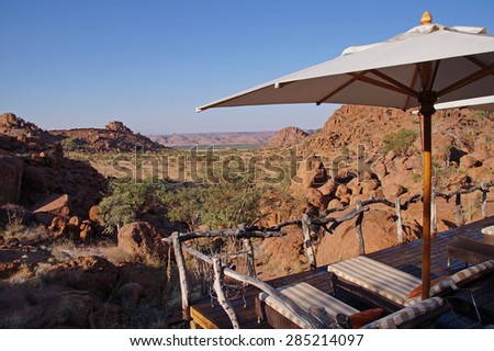 View  from a safari lodge to the scenery in Damaraland in Northwest Namibia