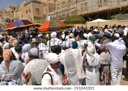 JERUSALEM - APR 17: Kessim, religious leaders of the Ethiopian Jews, Passover prayers near Wailing Wall - Apr. 17, 2014 in Jerusalem, Israel.
