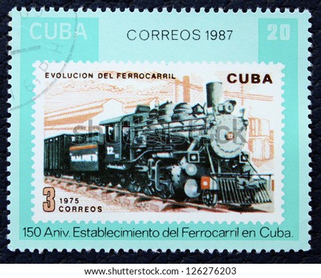 CUBA - CIRCA 1987: A stamp printed in the Cuba, shows old locomotive, circa 1987