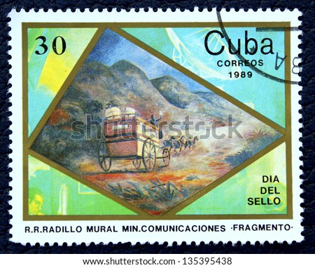 CUBA - CIRCA 1988: A stamp printed in the Cuba, shows fragment of a picture with the image of an ancient passenger wagon, circa 1988