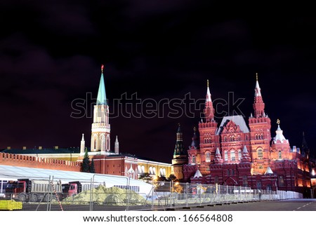 Reconstruction of Red Square at night. Historical Museum on Red Square in Moscow