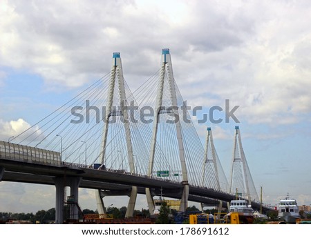 SAINT PETERSBURG, RUSSIA - JULY 12,2013: Large Obukhov cable-stayed bridge across the Neva River in St.