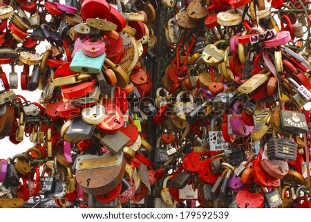 MOSCOW - February 23: Locked wedding locks on the Bridge of Love on February 23, 2012 in Moscow