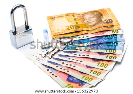 Close up of lock and money, isolated on white secured