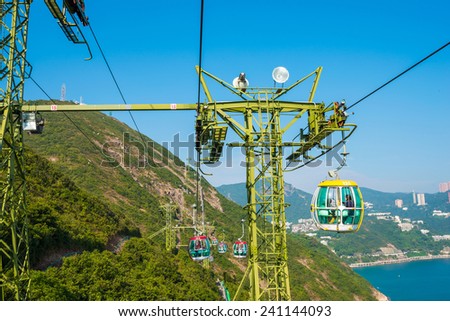 OCEAN PARK, HONGKONG - DECEMBER 09: Cablecar on December 09, 2014, Ocean Park, Hongkong. Cablecar carries tourists up to the entertainment park. Blue sky.