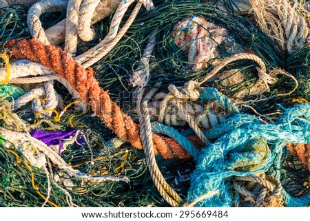 Background of old strings ropes and fishing net, Close up fish net